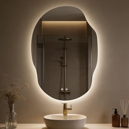 WallBeyond Backlit LED Bathroom Vanity Mirror with Lights, Irregular Asymmetrical Design,45" H x 32" W, Anti-Fog, Dimmable 3 Color Lighting, Memory, Hardwired Mount, Supports Horizontal & Vertical