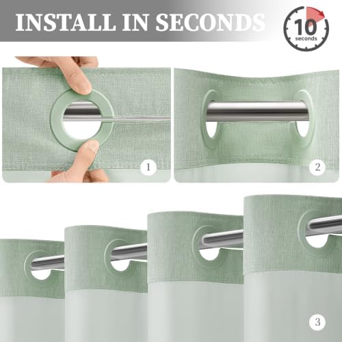 BTTN Sage Green Ringless Linen Look Shower Curtain with Snap in Liner 72x75