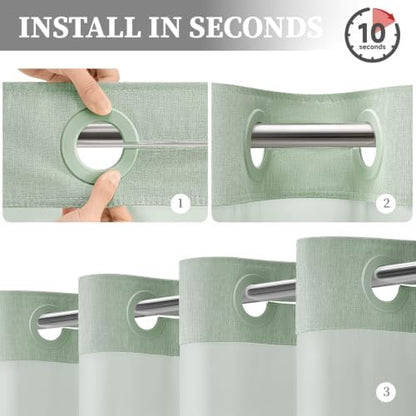 BTTN Sage Green Ringless Linen Look Shower Curtain with Snap in Liner 72x75