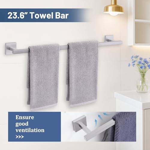 TURS 5-Pieces Brushed Nickel Bathroom Hardware Accessories Set 23.6" Towel Bar Set Wall Mounted Square Toilet Paper Holder with Shelf Stainless Steel