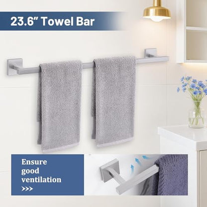TURS 5-Pieces Brushed Nickel Bathroom Hardware Accessories Set 23.6" Towel Bar Set Wall Mounted Square Toilet Paper Holder with Shelf Stainless Steel