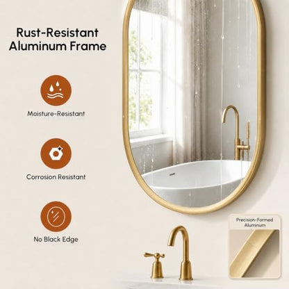 USHOWER Brushed Gold Pill Oval Mirror for Bathroom 24x36 Inch