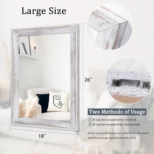 AAZZKANG Mirrors for Wall Rustic Wood Framed Hanging Mirror 26"x18" Decorative for Farmhouse Bedroom Bathroom Living Room Entryway Hallway White