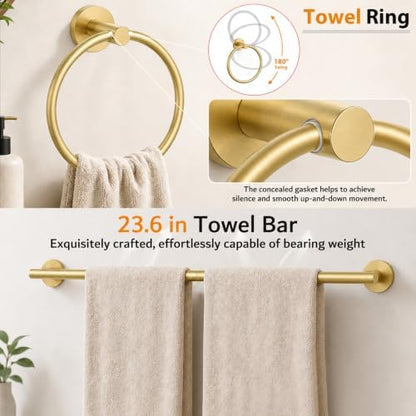 5 Piece Brushed Gold Bathroom Hardware Accessories Set, 24" Towel Bar Set