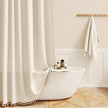 BTTN 72x80 Boho Farmhouse Linen Heavy Duty Shower Curtain Set, Cream/Beige