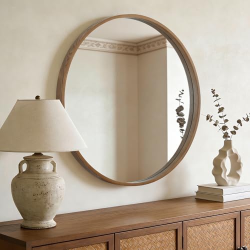 WallBeyond Round Wood Mirror, 32" Round Modern Decoration Large Circle Wall Mirror for Bathroom Living Room Bedroom Entryway, Walnut