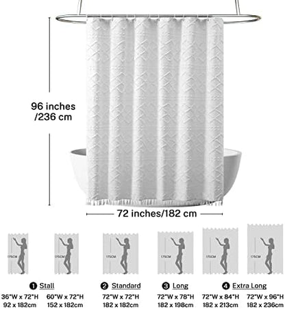 Extra Long White Textured Woven Fabric Boho Shower Curtain with Tassels 72 x 96 Modern Farmhouse Minimalist, Tufted Chevron Striped Shabby Chic, Water Resistant Cloth Curtain for Bathroom, Hotel Decor