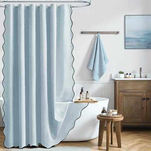 BTTN Boho Scalloped Linen Textured Cloth Shower Curtain, 72x84, Fog Blue