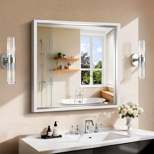 CIRCUMI 30"x30" Brushed Silver Bathroom Mirror, Square Mirror for Vanity