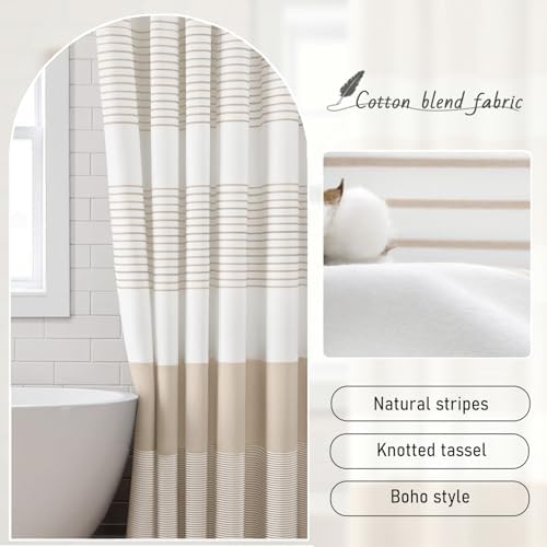 Extra Long Beige Boho Cotton Striped Shower Curtain with Tassel 72"W X 84"L