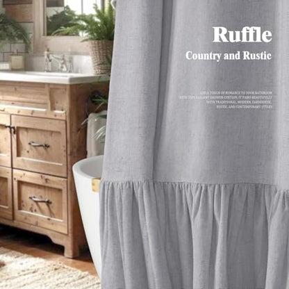 Farmhouse Shower Curtain Ruffle Linen Flax Grey 72" W x 72" L