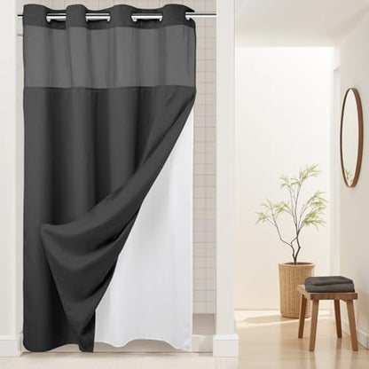 River Dream Waffle No Hook Shower Curtain with Liner,Graphite Grey,54x80
