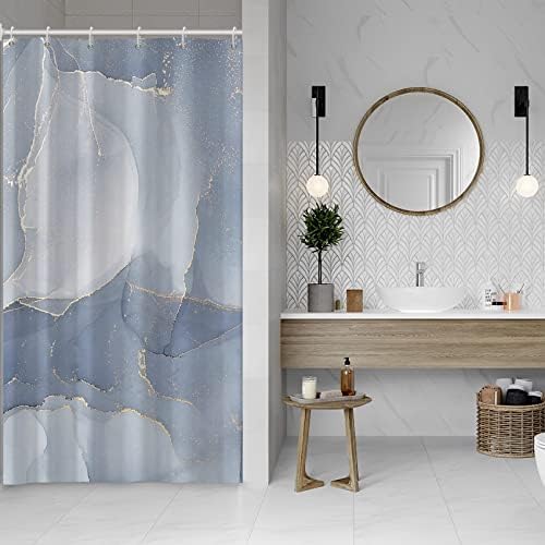 AWERT Small Half Size Stall Shower Curtain with 6 Hooks Shower Stall Curtain 36 x 72 Light Blue Marble Gold 36 inch Shower Curtain for Bathroom/RV and Camper (Blue Marble)