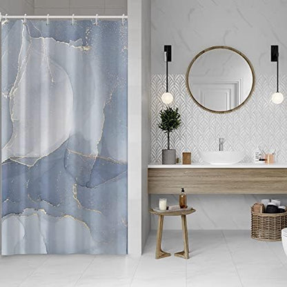 AWERT Small Half Size Stall Shower Curtain with 6 Hooks Shower Stall Curtain 36 x 72 Light Blue Marble Gold 36 inch Shower Curtain for Bathroom/RV and Camper (Blue Marble)