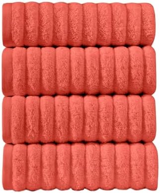 Elegant Comfort Luxury 100% Turkish Cotton Corduroy Ribbed 4 Pack Hand Towel Set 16 x 28 Inch - Absorbent, Super Soft, Quick Dry, Premium Towels for Bathroom, Gym, Spa and Hotel Use, Coral