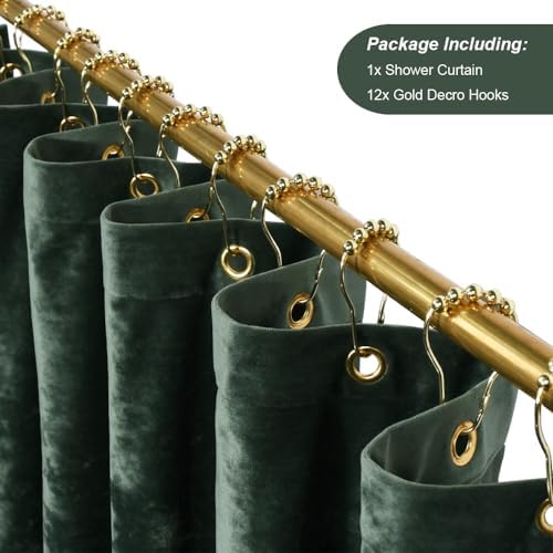 TAMGHO Extra Long Shower Curtain 84 inch Height, Crushed Velvet XL Shower Curtain Set with 12 Gold Hooks, Waterproof Thick Fabric, Machine Washable, 72W x 84H, Dark Green
