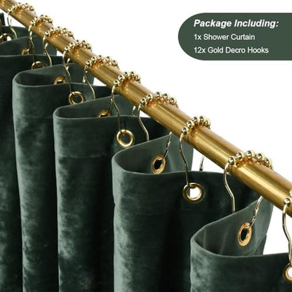 TAMGHO Extra Long Shower Curtain 84 inch Height, Crushed Velvet XL Shower Curtain Set with 12 Gold Hooks, Waterproof Thick Fabric, Machine Washable, 72W x 84H, Dark Green