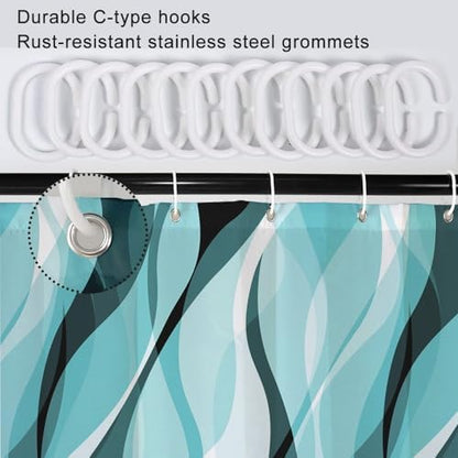 Teal Striped Shower Curtain with Hooks for Bathroom 72x72 Inch
