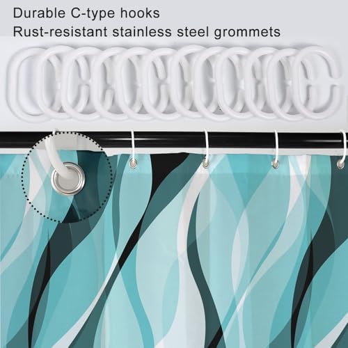 Teal Striped Shower Curtain with Hooks for Bathroom 72x78 Inch