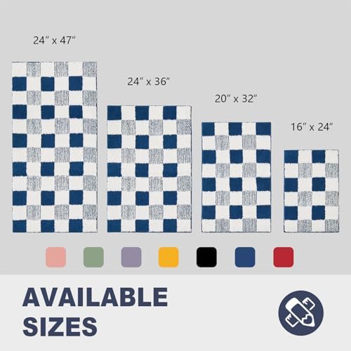 CozeCube Navy Blue Checkered Bath Mat 47"x24" Non Slip Washable Rug