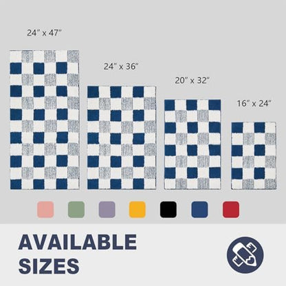 CozeCube Navy Blue Checkered Bath Mat 24"x16" Non Slip Washable Rug