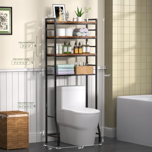 Over The Toilet Storage Rack,4-Tier Over Toilet Bathroom Organizer with Adjustable Wooden Shelves,Freestanding Space Saver Bathroom Cabinet Shelves Over Toilet,Over Toilet Storage, Vintage Brown