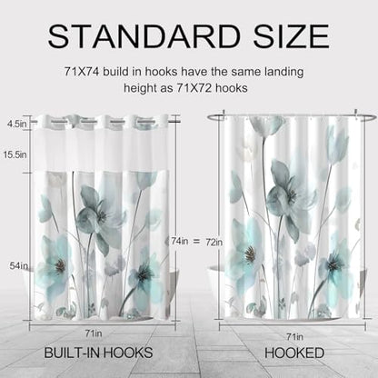 No Hook Shower Curtain and Liner Set, Teal Blue Boho Floral 71x74