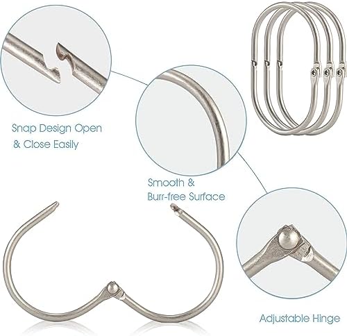Goowin Shower Curtain Rings, 12 Pcs Shower Curtain Hooks, Oval Snap Shower Rings for Curtain, Metal Shower Curtain Rings Rust Proof, Glide Smoothly Shower Hooks for Shower Curtain Rod (Matte Nickel)