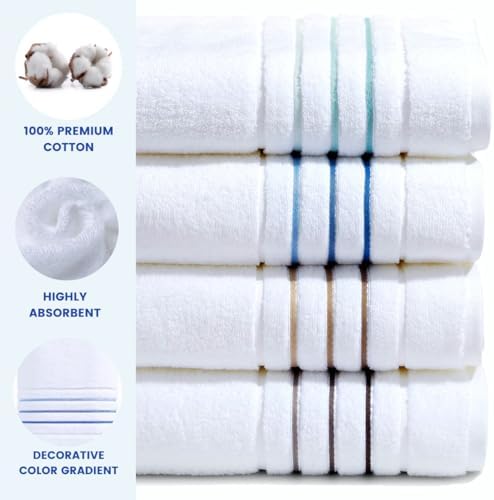 Bath Towels Set for Bathroom – Luxury 6-Piece Cotton Towels, Soft Absorbent & Quick Dry, 600 GSM Bath Towels for Bathroom, Hotel Spa Quality (White/Blue Azure, 6- Bath Towel Set)