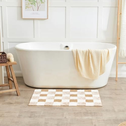 CozeCube Beige Checkered Bath Mat 24"x16" Non Slip Washable Rug