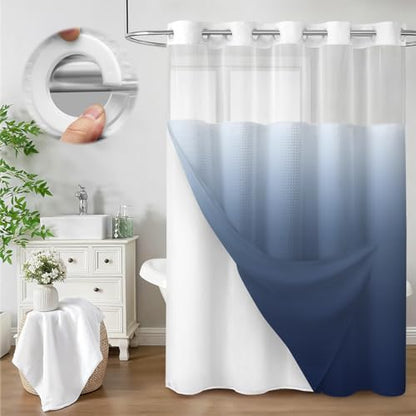 No Hook Shower Curtain with Liner Set Hotel Waffle Ombre Blue 72W X 75L
