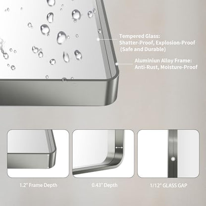 LOAAO 50X30 Inch Brushed Nickel Bathroom Mirror, Rounded Rectangle Silver Metal Frame Mirror, Brushed Nickel, Anti-Rust, Shatter Proof, Hangs Horizontally or Vertically
