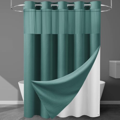 Heavyweight Waffle No Hook Shower Curtain with Liner, Seaweed Green, 71x74