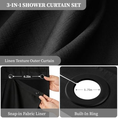 BTTN 72x78 Ringless Linen Textured Shower Curtain with Snap in Liner, Black