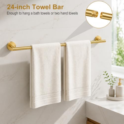 Brushed Gold Bathroom Accessories Set, 6 Pieces Gold Towel Bar Bathroom Hardware Set, 24 Inch Towel Racks for Bathroom, SUS304 Stainless Steel Bathroom Towel Holder Toilet Paper Holder Wall Mounted