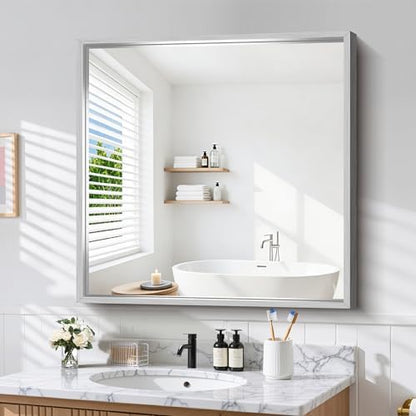 CIRCUMI 40"x40" Brushed Silver Bathroom Mirror, Square Mirror for Vanity