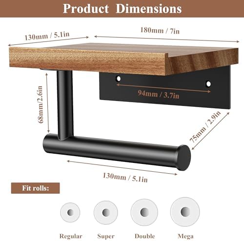 Tindbea Toilet Paper Holder with Wood Shelf, Wooden Wall Mount Tissue Paper Roll Holder, Matte Black Stainless Steel Bathroom Accessories Decor for Home (Sapele, Matte Black)