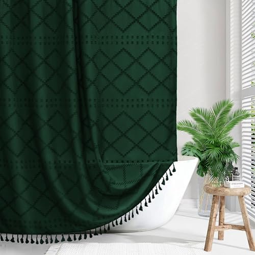 Siiluminisoy Extra Long Boho Shower Curtain with Tassels 72 x 90, Dark Green