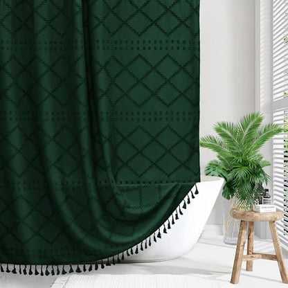 Siiluminisoy Extra Long Boho Shower Curtain with Tassels 72 x 90, Dark Green