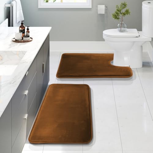 Clara Clark 2 Piece Bathroom Rugs, Velvet Memory Foam Bath Mat Set, Non-Slip Bath Rugs, Machine Wash, Dries Quickly, Ultra Soft Plush Bath Mats for Bathroom, 20 x 32 + Contour, Brown
