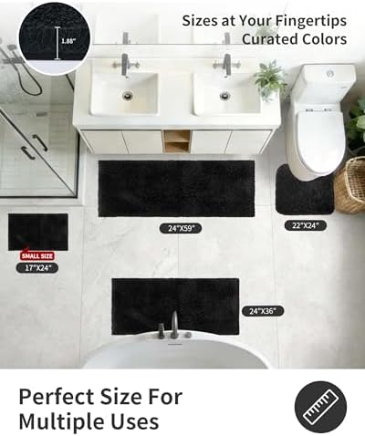 ILANGO Black Bathroom Rugs 24" × 17" Small Non Slip & Super Absorbent Extra Thick Soft, Washable Bath Mat for Floor, Microfiber Plush Shaggy Bath Rug with Rubber for Bathtub Shower Room Sink