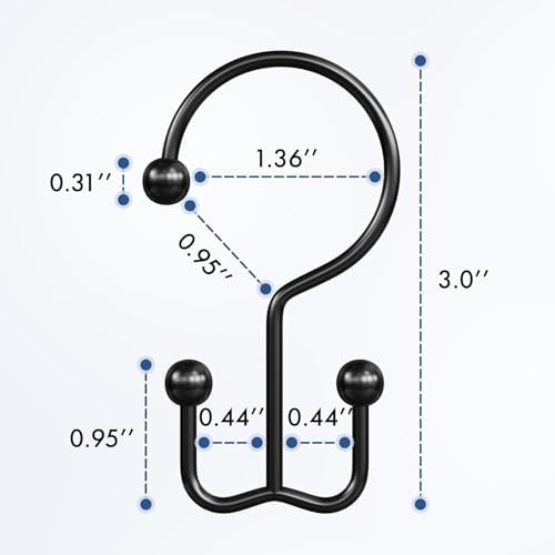 Bathway Shower Curtain Hooks Matte Black Shower Curtain Rings, 12 Pcs Double Hook Shower Curtain Hooks Rings Shower Curtain Hangers Rust Proof, Metal Shower Hooks for Bathroom Shower Curtain Rod