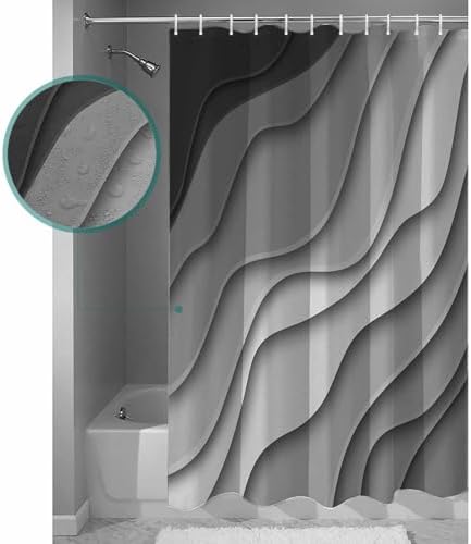 Shower Curtain Bathroom Set Black Grey Ombre Gradient Water Ripple Waterproof Shower Curtains with Grommets Hooks Abstract Lines Modern Art Privacy Bath Curtain for Bathtub Decor 36x72in
