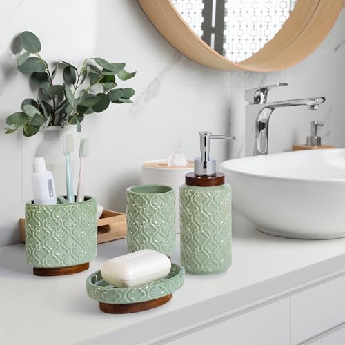 RQYIXI Ceramic Bathroom Accessories Set,Sage Green,5 Piece,Embossed Design