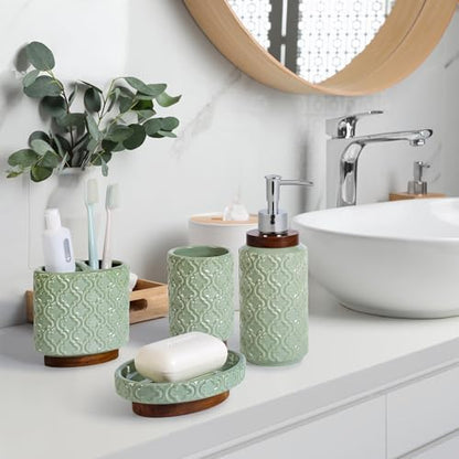 RQYIXI Ceramic Bathroom Accessories Set,Sage Green,5 Piece,Embossed Design