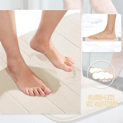 Yimobra Memory Foam Bathroom Rugs Sets 2 Piece - Super Soft Absorbent Quick Dry Bath Mat Set, Machine Washable Non Slip Floor Carpet for Tub Shower & Single Sink (17x24 & 31.5x20 Inch, Cream White)