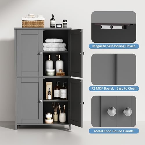 Shintenchi Bathroom Storage Cabinet with Doors and Shelves, Floor Cabinets for Washroom Furniture, Laundry Room, Organization with Adjustable Shelf, Gray