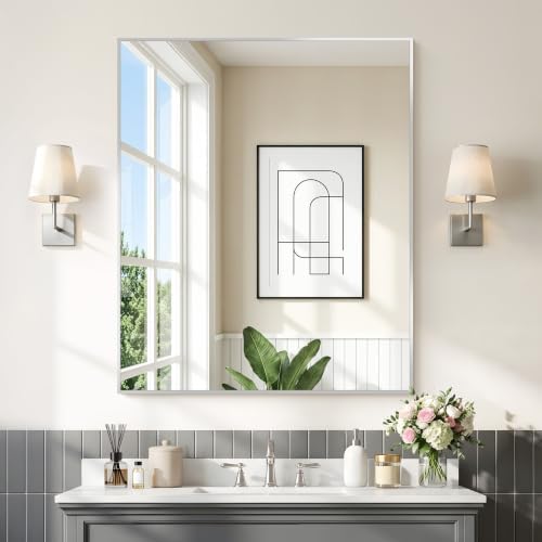 COFENY Silver Bathroom Mirror for Wall, 30x36 Inch Rectangle with Metal Frame, Modern Vanity for Bathroom Living Room, Entryway Hangs Horizontal or Vertical