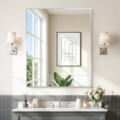 COFENY Silver Bathroom Mirror for Wall, 30x36 Inch Rectangle with Metal Frame, Modern Vanity for Bathroom Living Room, Entryway Hangs Horizontal or Vertical