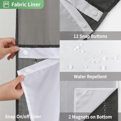 eachope No Hook Long Shower Curtain Set with Snap-in Fabric Liner,Linen Textured Thick Striped Fabric with Tassels,Boho Farmhouse Rustic Luxury Bathroom Curtain,Water-Repellent,Charcoal Grey,71x80